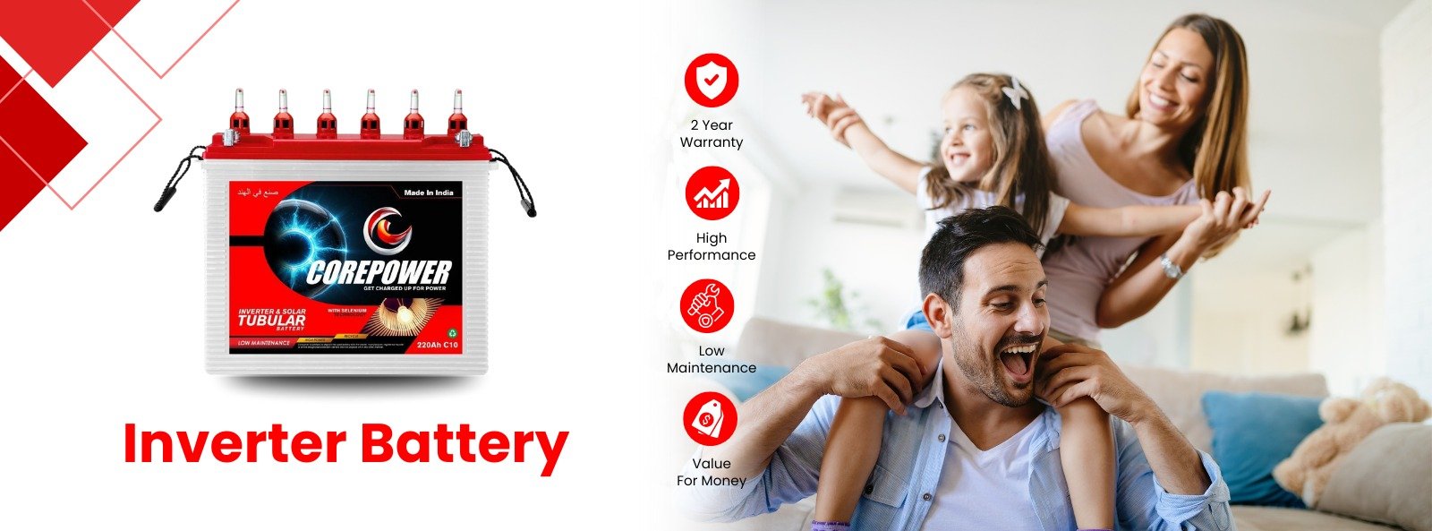 CorePower inverter battery designed for home and commercial inverter systems, providing long backup and reliable power supply