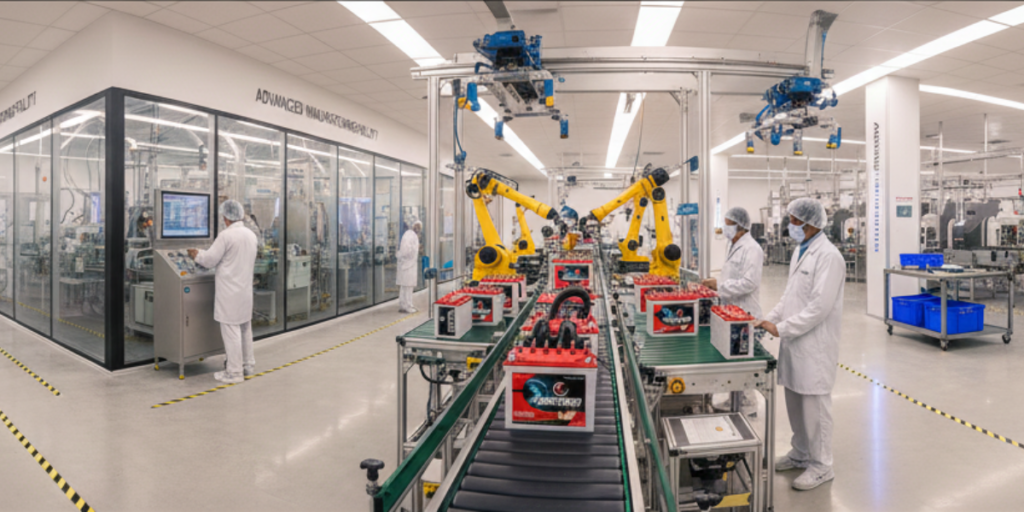 Automated production line at CorePower Batteries manufacturing plant with robotic arms assembling high-performance solar tubular batteries