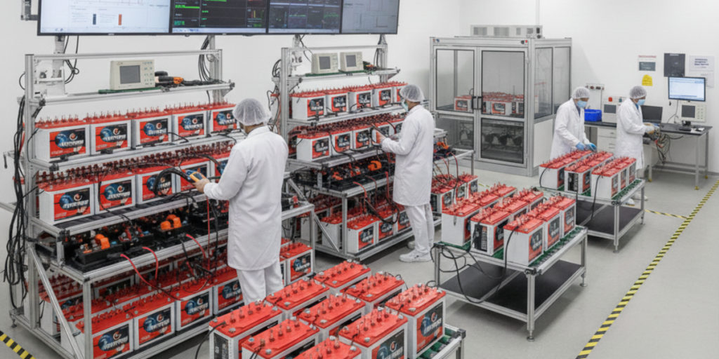 Quality testing laboratory at CorePower Batteries with technicians testing solar tubular batteries for performance, safety, and durability