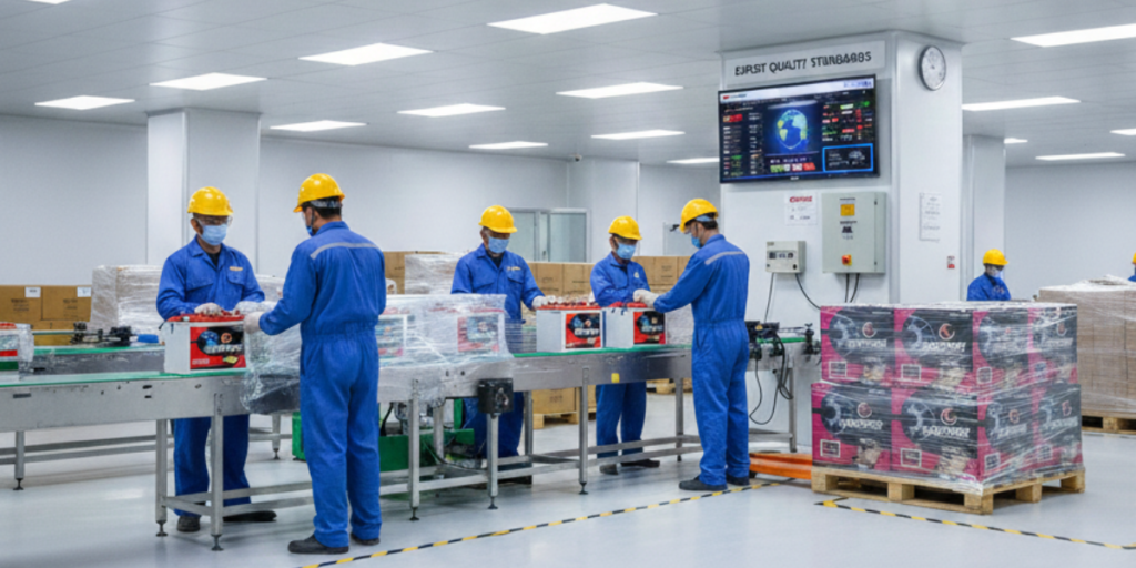 CorePower Batteries manufacturing unit with skilled workers assembling and packaging high-performance solar tubular batteries in a modern factory